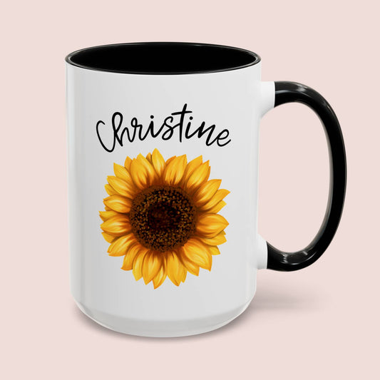 Personalized Sunflower Name 15oz white with black accent funny large coffee mug gift for her flower lover custom name customize tea cup design waveywares wavey wares wavywares wavy wares cover