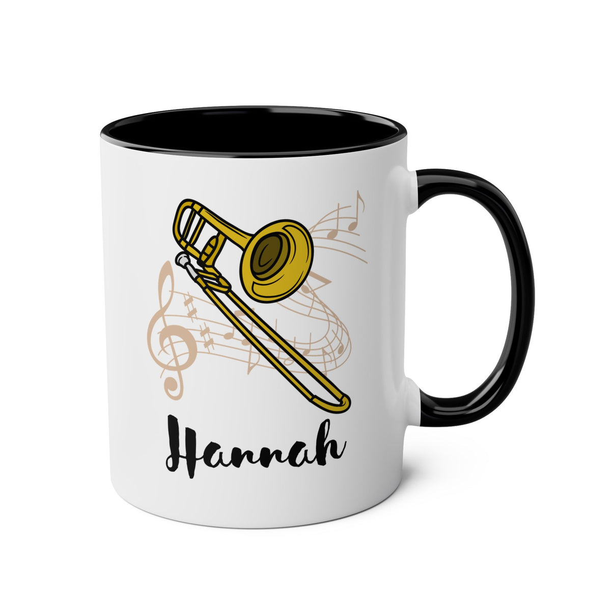 Personalized Trombone Name 11oz white with black accent funny large coffee mug gift for trombonist player lover horn instrument custom customize birthday Christmas occasion waveywares wavey wares wavywares wavy wares