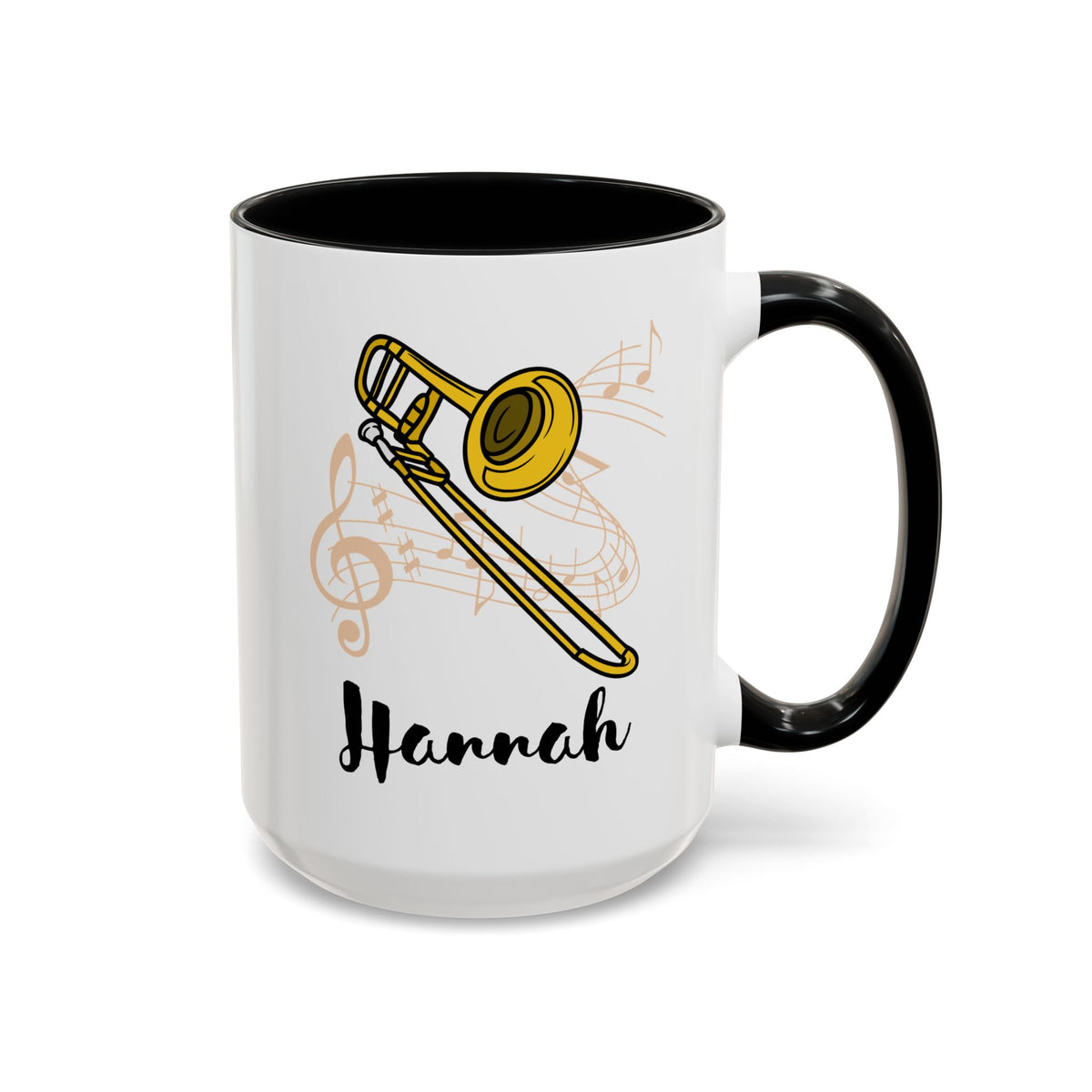 Personalized Trombone Name 15oz white with black accent funny large coffee mug gift for trombonist player lover horn instrument custom customize birthday Christmas occasion waveywares wavey wares wavywares wavy wares