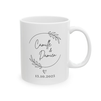 Personalized Wedding Name 11oz white funny coffee mug tea cup gift for lantern wedding wreath date anniversary valentine's day bridal shower custom customized waveywares wavey wares wavywares wavy wares
