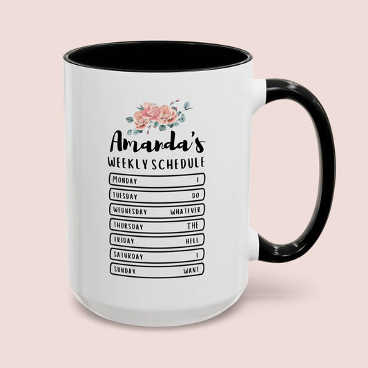 Personalized Weekly Schedule 15oz white with black accent funny large coffee mug gift for retiree retired retirement women teacher custom name customize waveywares wavey wares wavywares wavy wares cover