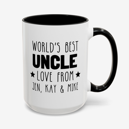 Personalized World's Best Uncle 15oz white with black accent funny large coffee mug gift for fun uncle funcle love from nephew niece custom names waveywares wavey wares wavywares wavy wares cover