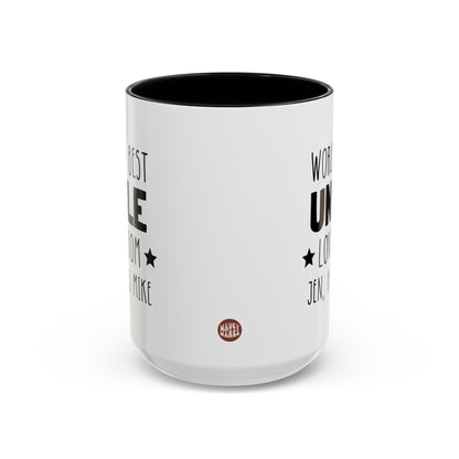 Personalized World's Best Uncle 15oz white with black accent funny large coffee mug gift for fun uncle funcle love from nephew niece custom names waveywares wavey wares wavywares wavy wares side