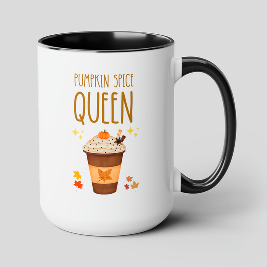 Pumpkin Spice Queen 15oz white with black accent funny large coffee mug gift for latte lover halloween decoration autumn fall thanksgiving waveywares wavey wares wavywares wavy wares cover