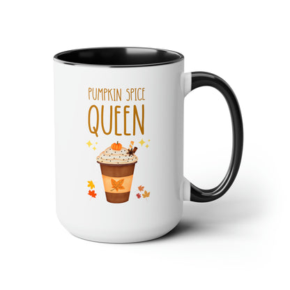 Pumpkin Spice Queen 15oz white with black accent funny large coffee mug gift for latte lover halloween decoration autumn fall thanksgiving waveywares wavey wares wavywares wavy wares
