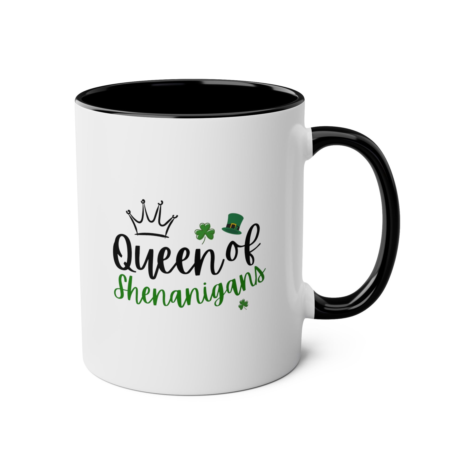 Queen Of Shenanigans 11oz white with black accent funny large coffee mug gift for st pattys patrick's day her green wife girlfriend aunt daughter mom grandma waveywares wavey wares wavywares wavy wares