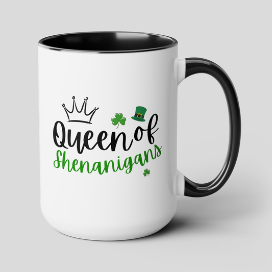 Queen Of Shenanigans 15oz white with black accent funny large coffee mug gift for st pattys patrick's day her green wife girlfriend aunt daughter mom grandma waveywares wavey wares wavywares wavy wares cover