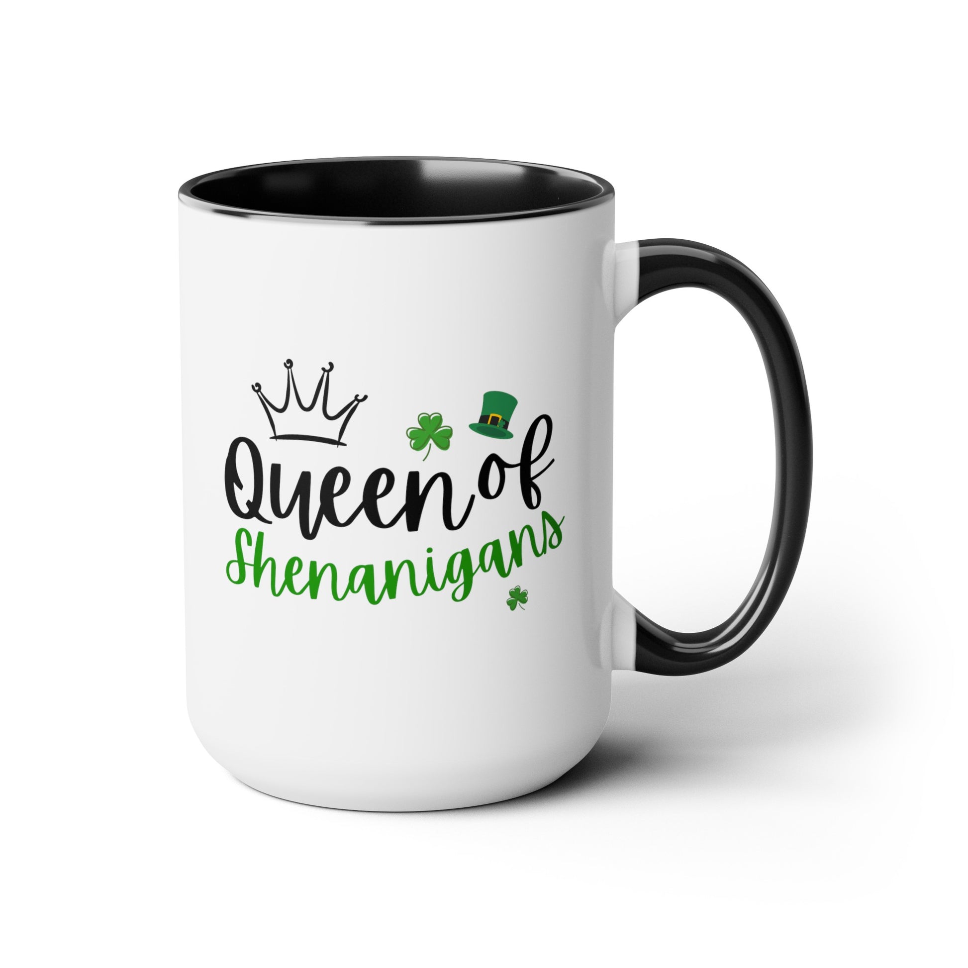 Queen Of Shenanigans 15oz white with black accent funny large coffee mug gift for st pattys patrick's day her green wife girlfriend aunt daughter mom grandma waveywares wavey wares wavywares wavy wares