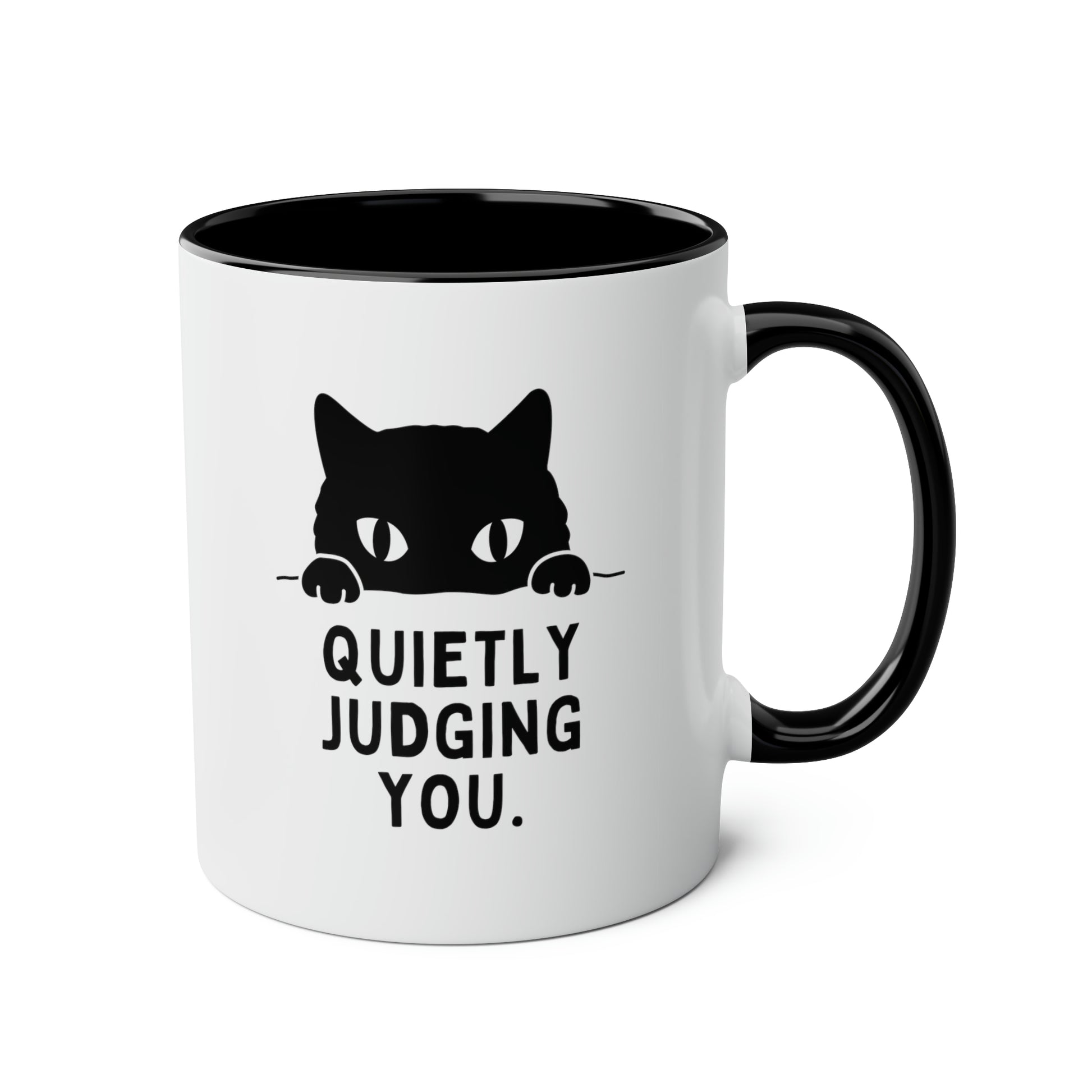 Quietly Judging You 11oz white with black accent funny large coffee mug gift for cat mom cute peeking sarcastic quote tea cup feline lover waveywares wavey wares wavywares wavy wares
