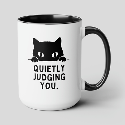 Quietly Judging You 15oz white with black accent funny large coffee mug gift for cat mom cute peeking sarcastic quote tea cup feline lover waveywares wavey wares wavywares wavy wares cover