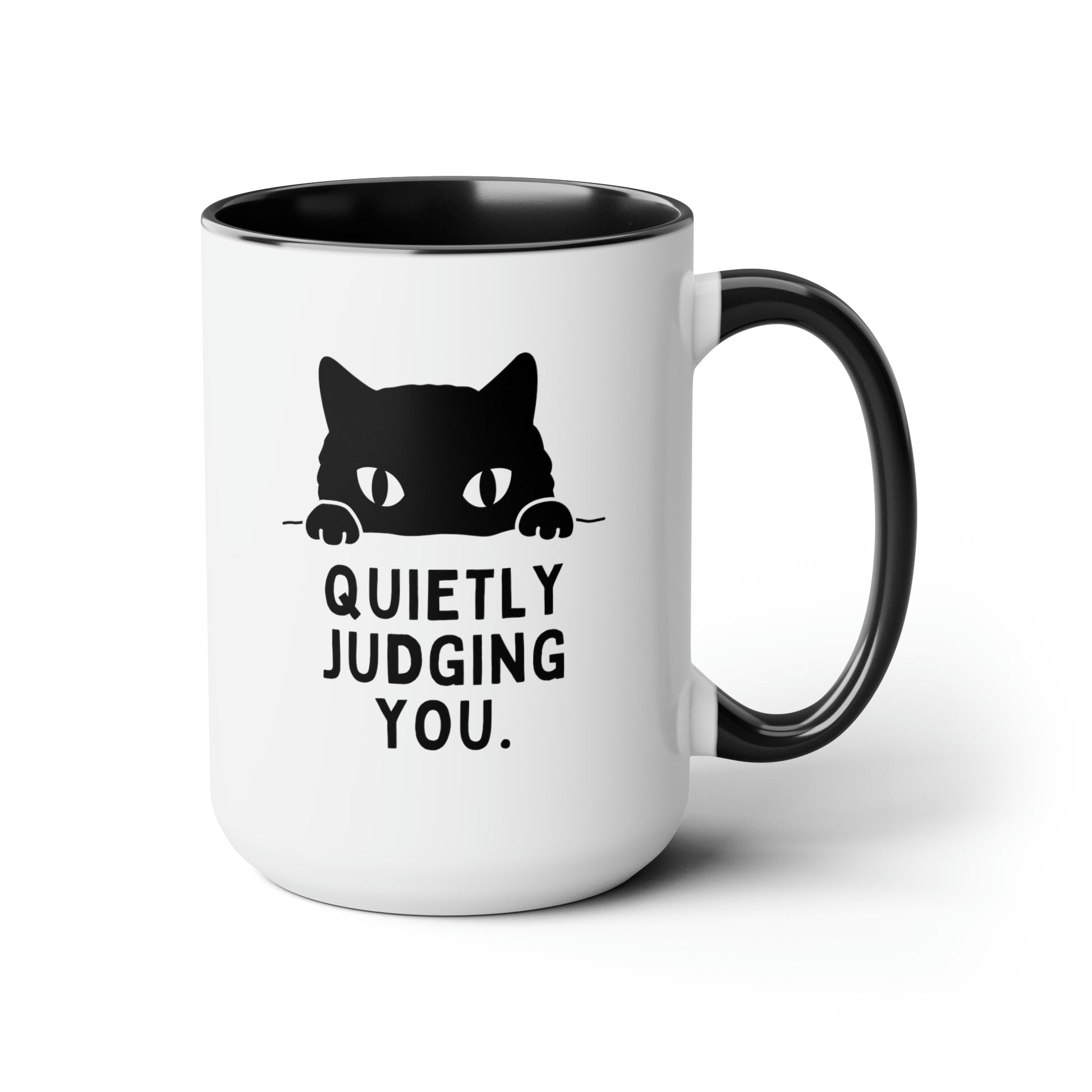 Quietly Judging You 15oz white with black accent funny large coffee mug gift for cat mom cute peeking sarcastic quote tea cup feline lover waveywares wavey wares wavywares wavy wares