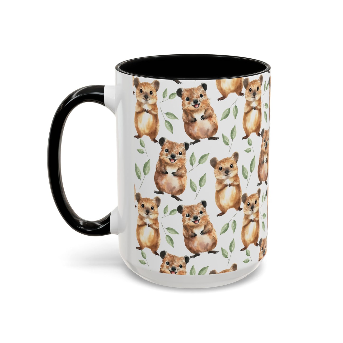 Cute Quokka Watercolor Pattern 15oz white with black accent funny large coffee mug gift forsmall macropod enthusiast happiest animal lover smiley friendly-looking fuzzy Australia aesthetic birthday secret santa Christmas waveywares wavey wares wavywares wavy wares