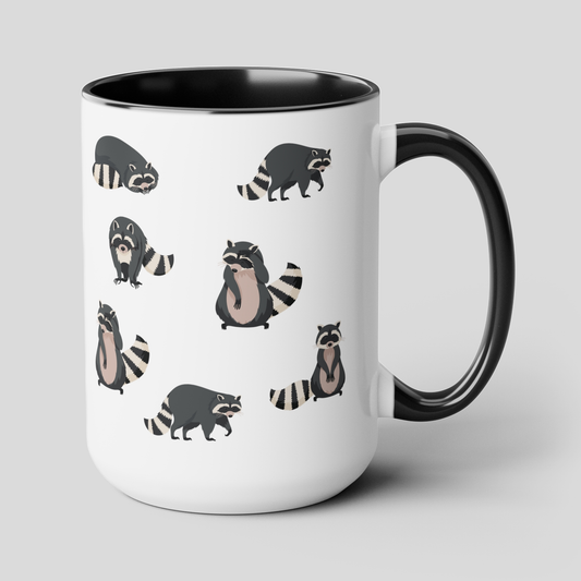 Raccoons 15oz white with black accent funny large coffee mug gift for raccoon lover minimalistic pattern animal design waveywares wavey wares wavywares wavy wares cover