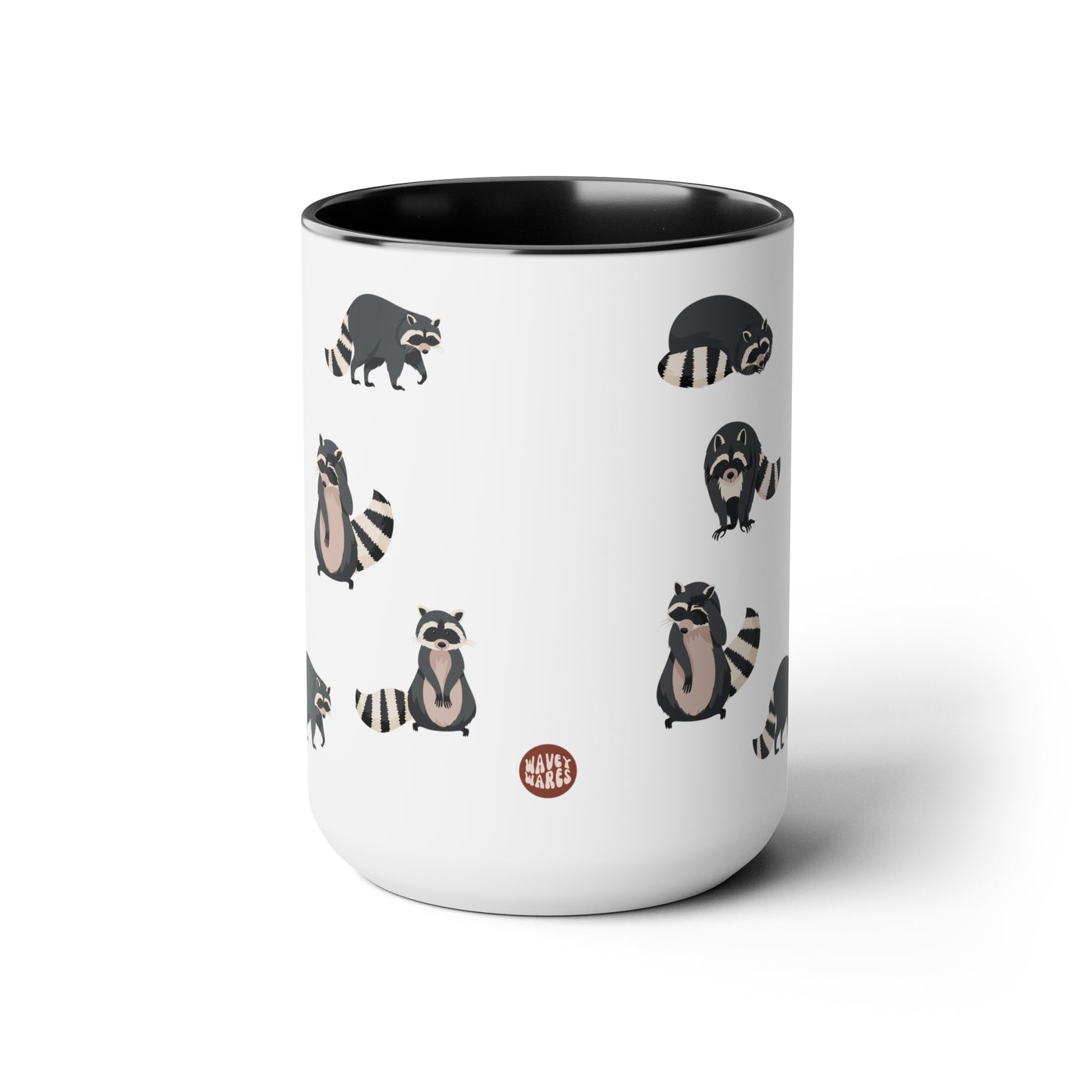 Raccoons 15oz white with black accent funny large coffee mug gift for raccoon lover minimalistic pattern animal design waveywares wavey wares wavywares wavy wares side