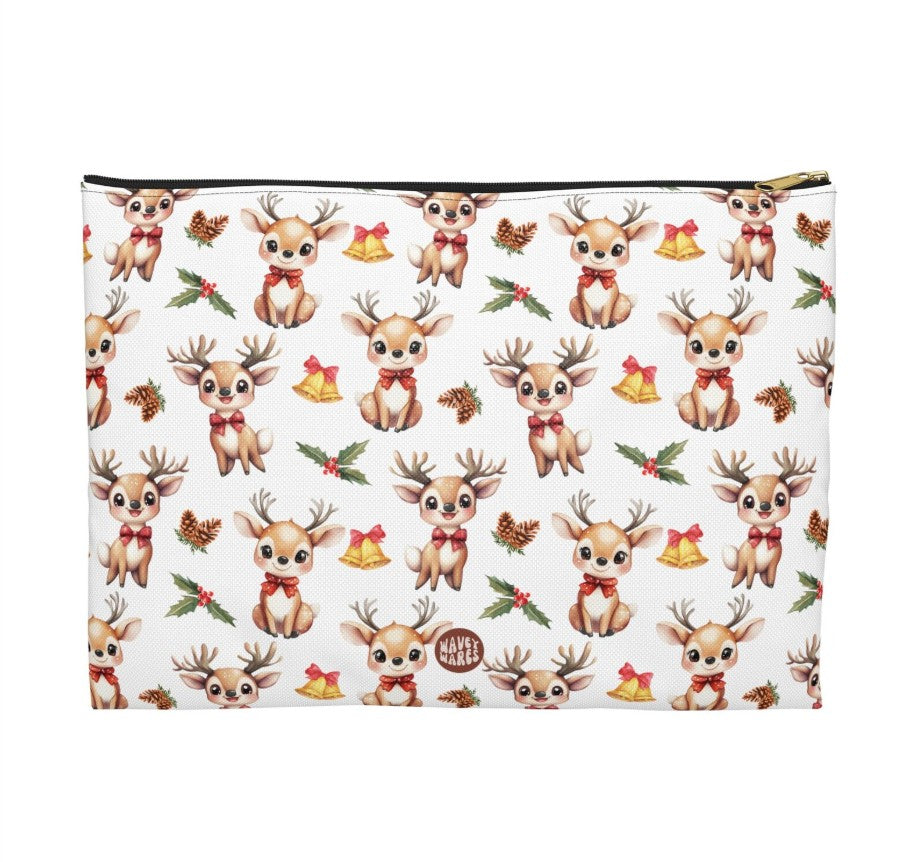 Cute Reindeer Pattern Flat white toiletry zip bag gift for rein deer lover animal enthusiast kids adorable aesthetic birthday secret santa Christmas cosmetic travel drugs storage case accessory pouch makeup pencil waveywares wavey wares wavywares wavy wares