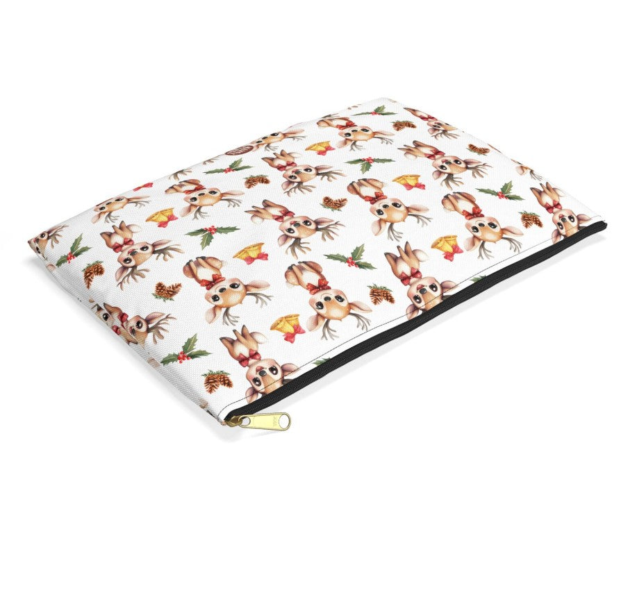 Cute Reindeer Pattern Flat Lay white toiletry zip bag gift for rein deer lover animal enthusiast kids adorable aesthetic birthday secret santa Christmas cosmetic travel drugs storage case accessory pouch makeup pencil waveywares wavey wares wavywares wavy wares