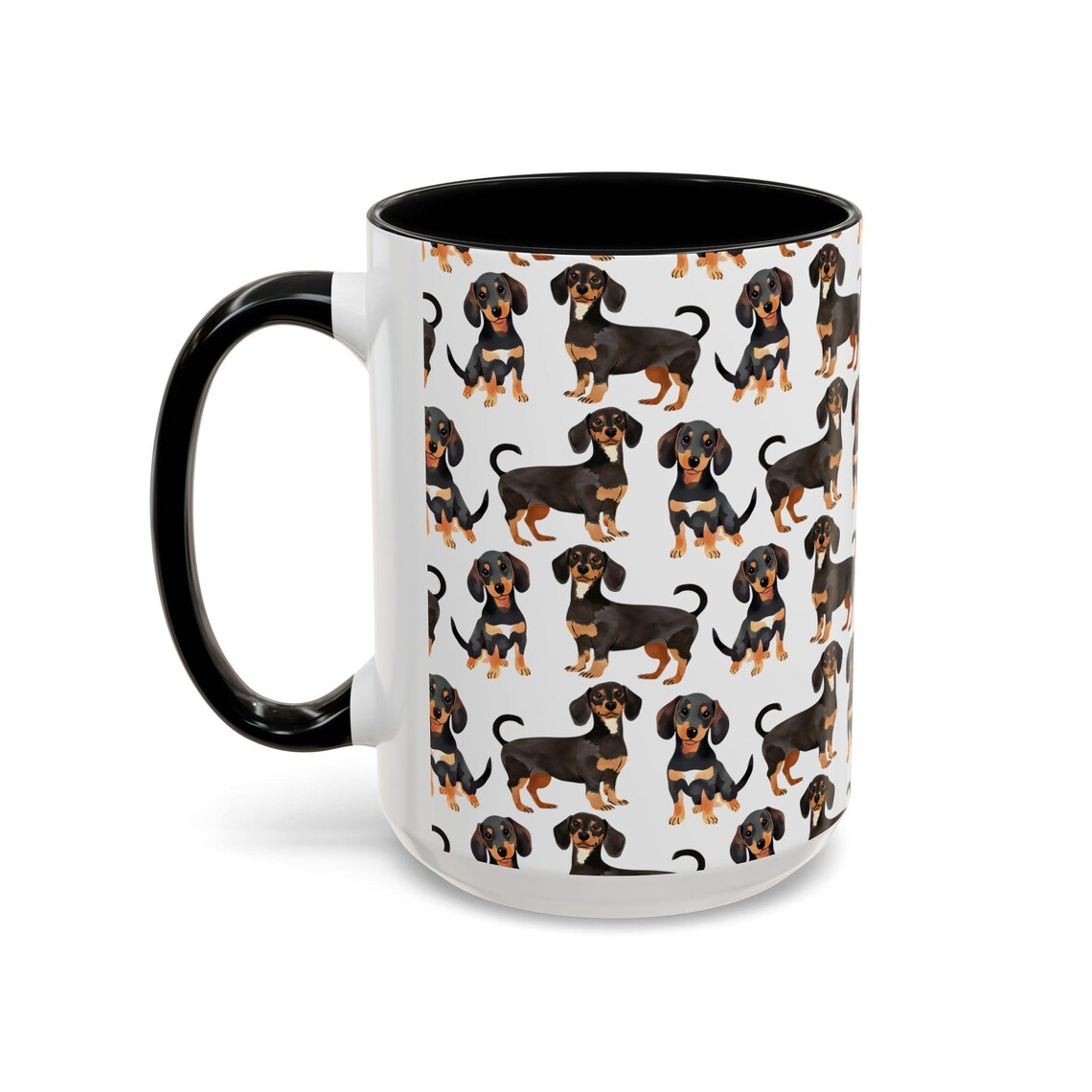 Cute Sausage Dogs Watercolor Pattern 15oz white with black accent funny large coffee mug gift for dog mom dad lover wiener dachsunds animal lover birthday secret santa Christmas waveywares wavey wares wavywares wavy wares