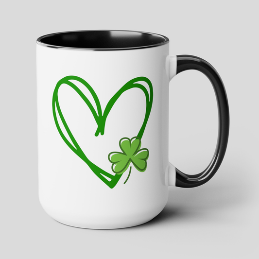 Shamrock And Heart 15oz white with black accent funny large coffee mug gift for st pattys patrick's day her green wife girlfriend aunt daughter mom grandma irish celebration waveywares wavey wares wavywares wavy wares cover