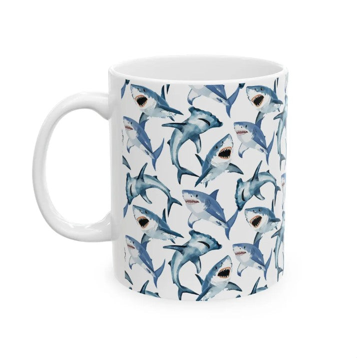 Cute Sharks Watercolor Pattern 11oz white funny large coffee mug gift for shark lover sea animal wildlife marine biologist biology ocean aquatic fish aesthetic birthday secret santa Christmas waveywares wavey wares wavywares wavy wares