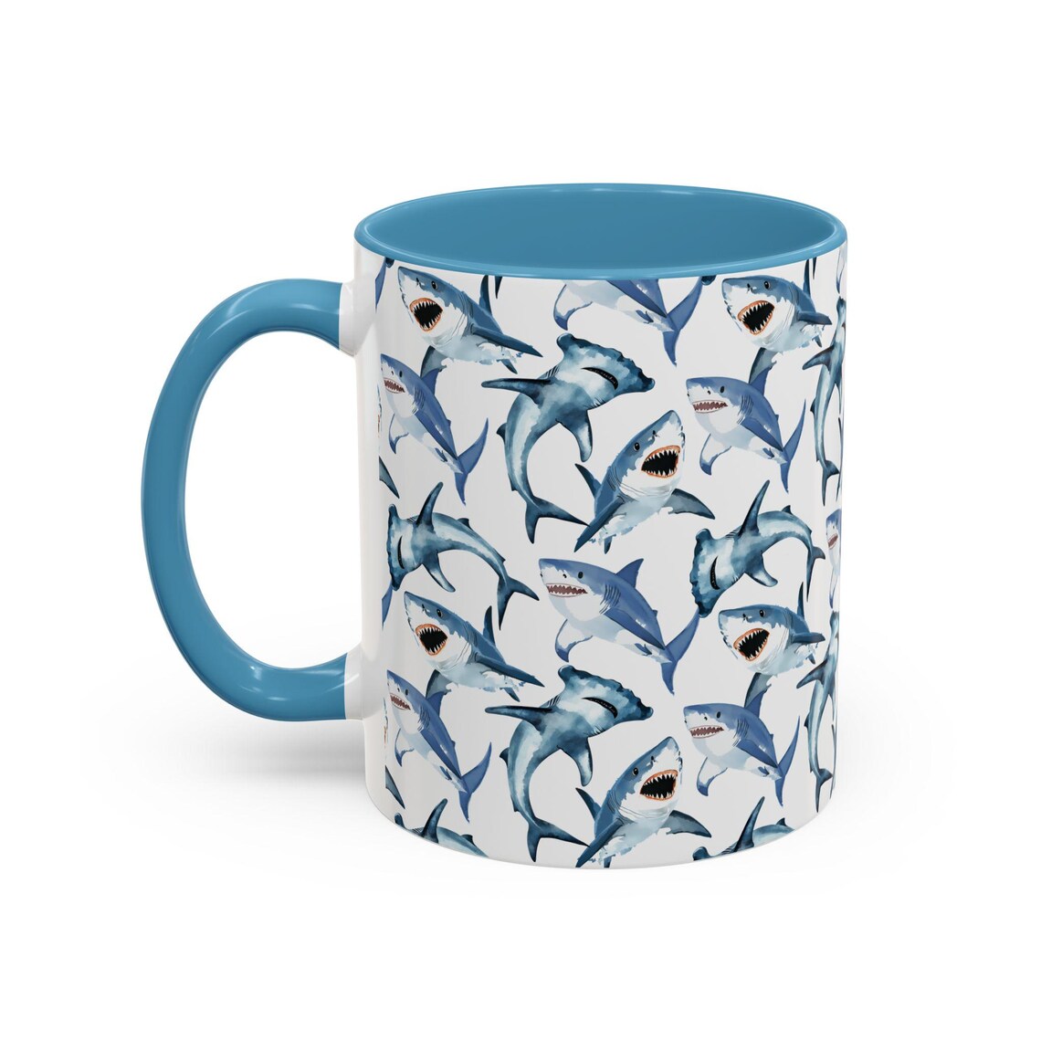 Cute Sharks Watercolor Pattern 11oz white with blue accent funny large coffee mug gift for shark lover sea animal wildlife marine biologist biology ocean aquatic fish aesthetic birthday secret santa Christmas waveywares wavey wares wavywares wavy wares