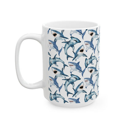 Cute Sharks Watercolor Pattern 15oz white funny large coffee mug gift for shark lover sea animal wildlife marine biologist biology ocean aquatic fish aesthetic birthday secret santa Christmas waveywares wavey wares wavywares wavy wares