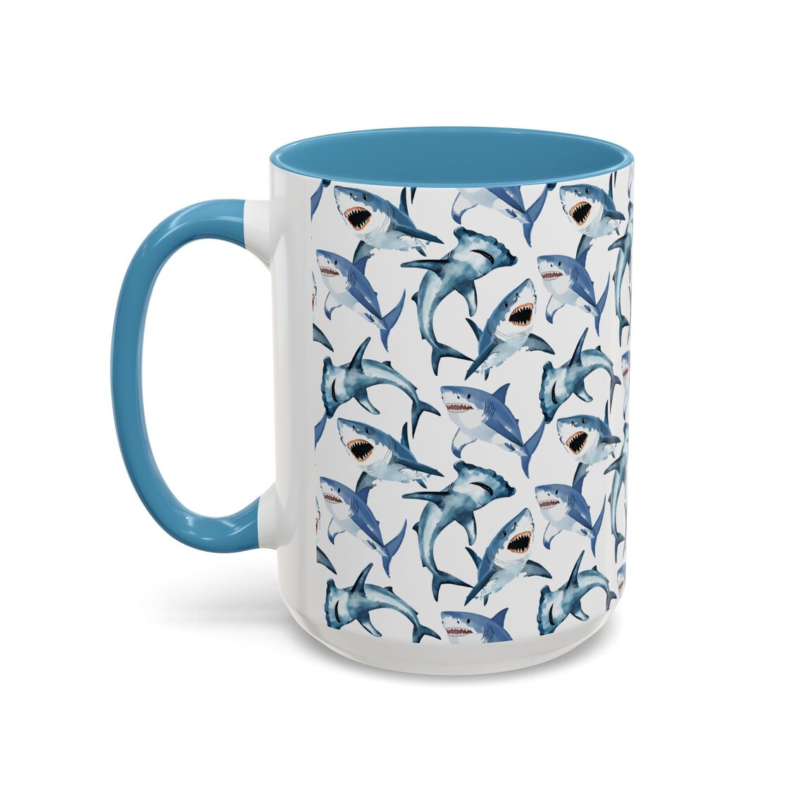 Cute Sharks Watercolor Pattern 15oz white with blue accent funny large coffee mug gift for shark lover sea animal wildlife marine biologist biology ocean aquatic fish aesthetic birthday secret santa Christmas waveywares wavey wares wavywares wavy wares