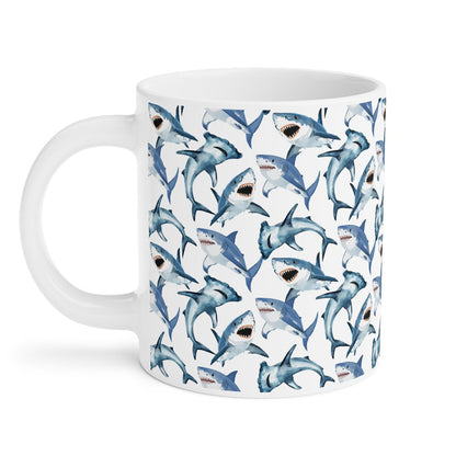 Cute Sharks Watercolor Pattern 20oz white funny large coffee mug gift for shark lover sea animal wildlife marine biologist biology ocean aquatic fish aesthetic birthday secret santa Christmas waveywares wavey wares wavywares wavy wares