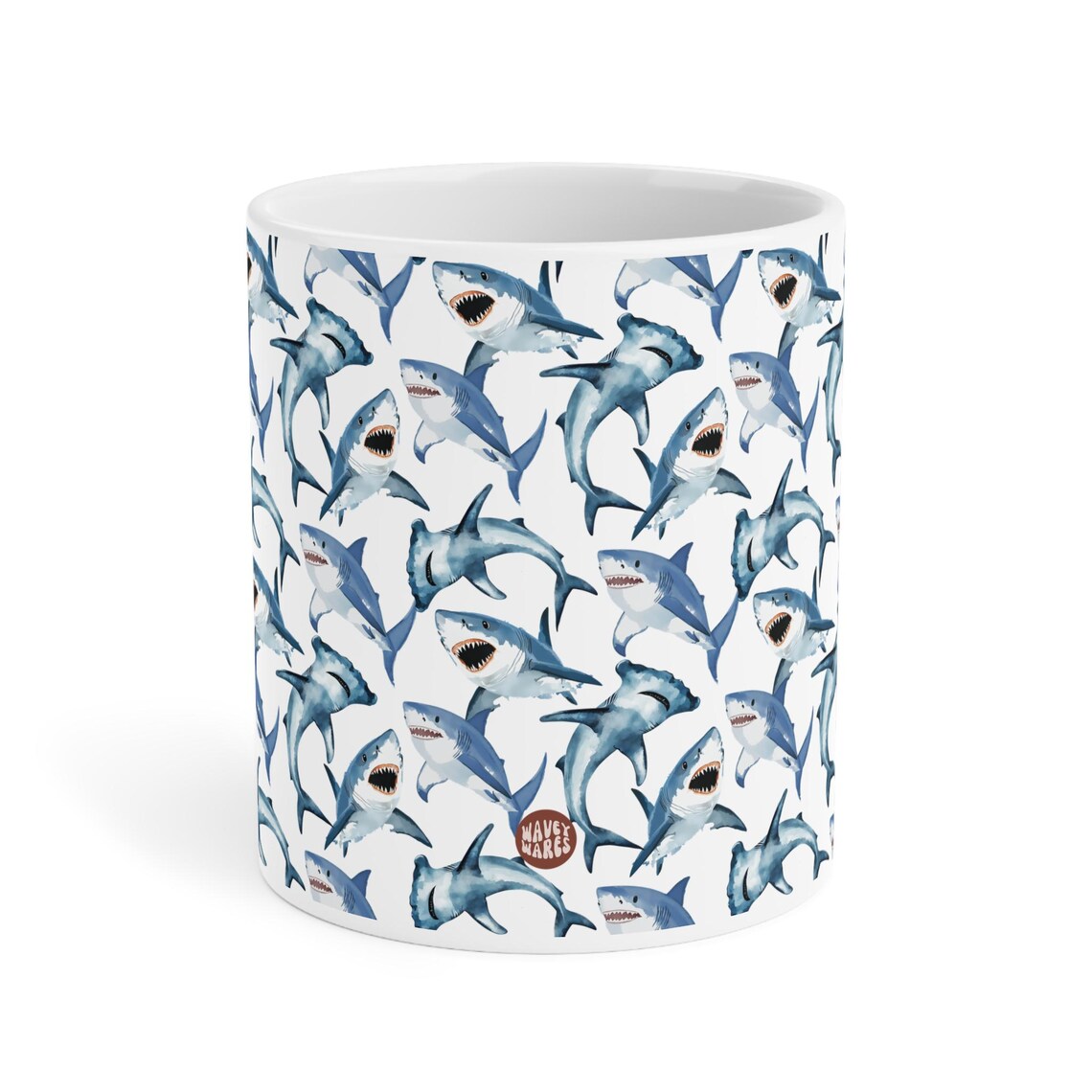 Cute Sharks Watercolor Pattern 20oz white funny large coffee mug gift for shark lover sea animal wildlife marine biologist biology ocean aquatic fish aesthetic birthday secret santa Christmas waveywares wavey wares wavywares wavy wares side