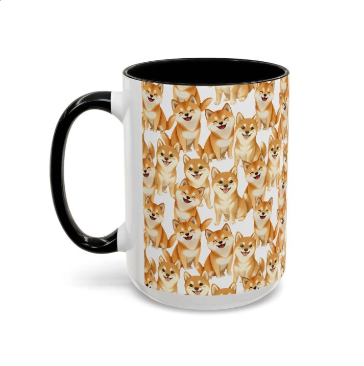 Cute Shiba Inu Watercolor Pattern 15oz white with black accent funny large coffee mug gift for shibe doge dog Owner Lover Mom Dad Puppy pet birthday secret santa Christmas waveywares wavey wares wavywares wavy wares