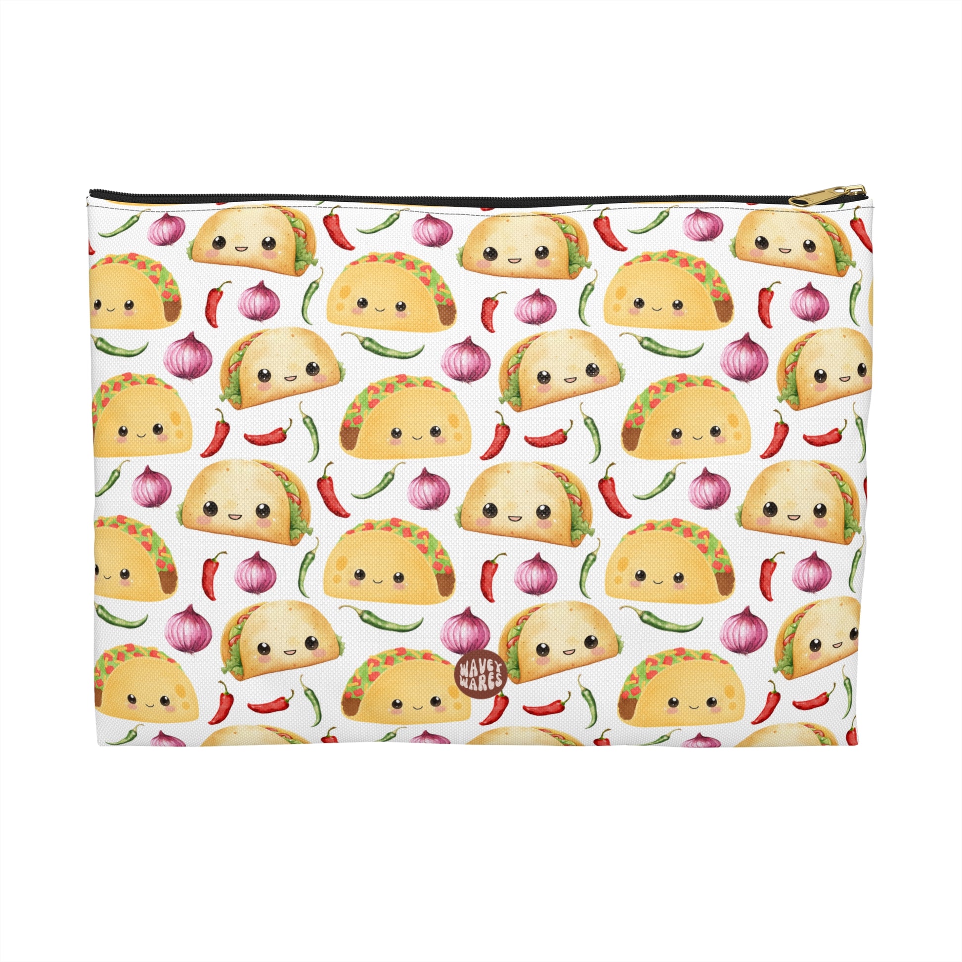 Cute Taco Pattern Flat white travel zip bag gift for tacos lover favorite Mexican food foodie enthusiast tortilla topped with a filling aesthetic birthday secret santa Christmas makeup cosmetic drugs storage case accessory pouch toiletry pencil waveywares wavey wares wavywares wavy wares