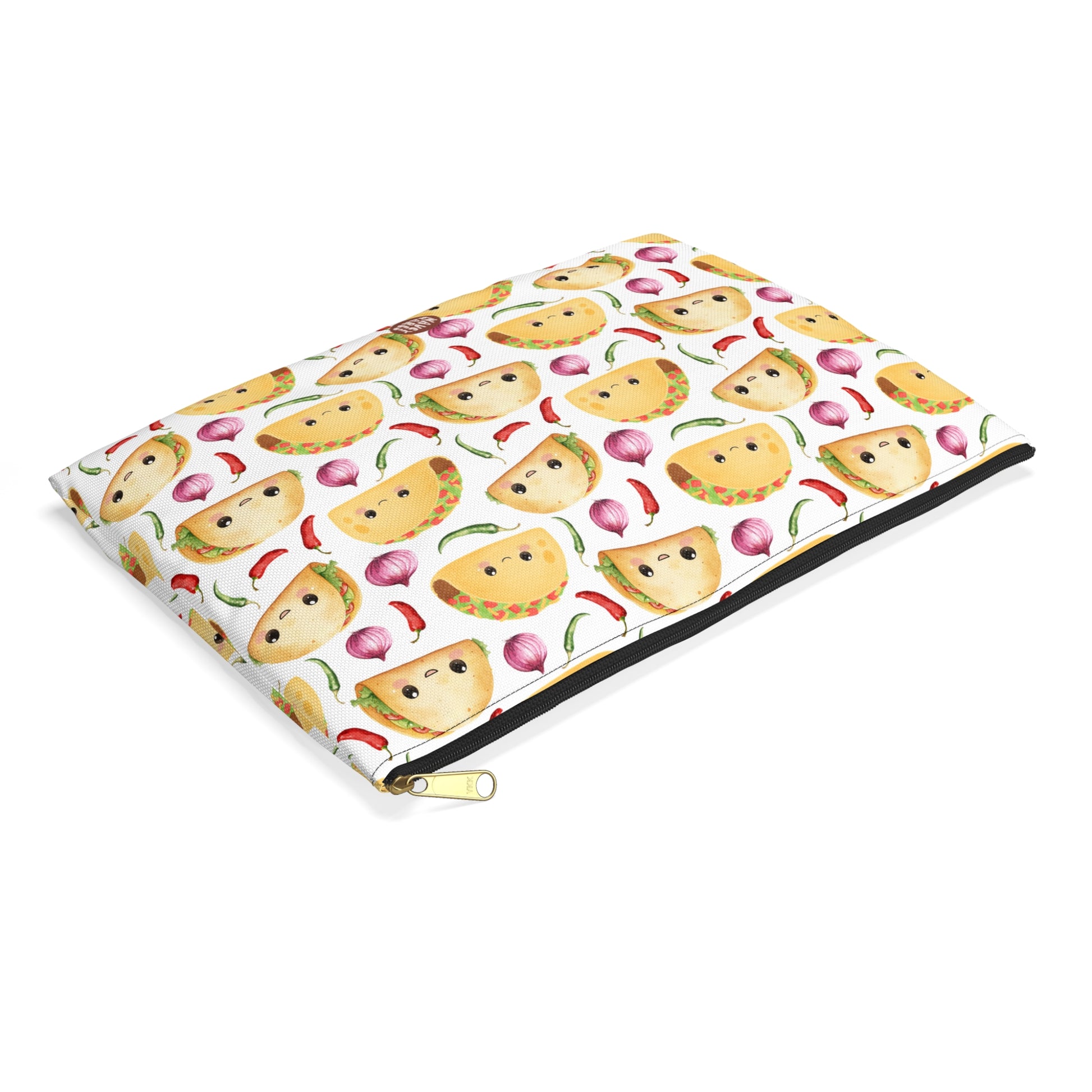 Cute Taco Pattern Flat Lay white travel zip bag gift for tacos lover favorite Mexican food foodie enthusiast tortilla topped with a filling aesthetic birthday secret santa Christmas makeup cosmetic drugs storage case accessory pouch toiletry pencil waveywares wavey wares wavywares wavy wares