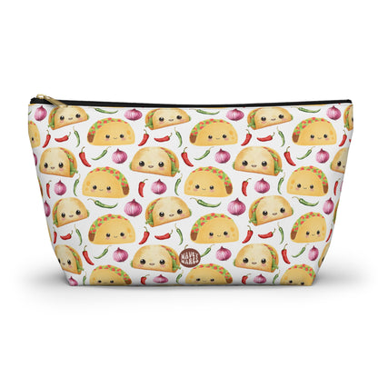 Cute Taco Pattern T Bottom white travel zip bag gift for tacos lover favorite Mexican food foodie enthusiast tortilla topped with a filling aesthetic birthday secret santa Christmas makeup cosmetic drugs storage case accessory pouch toiletry pencil waveywares wavey wares wavywares wavy wares