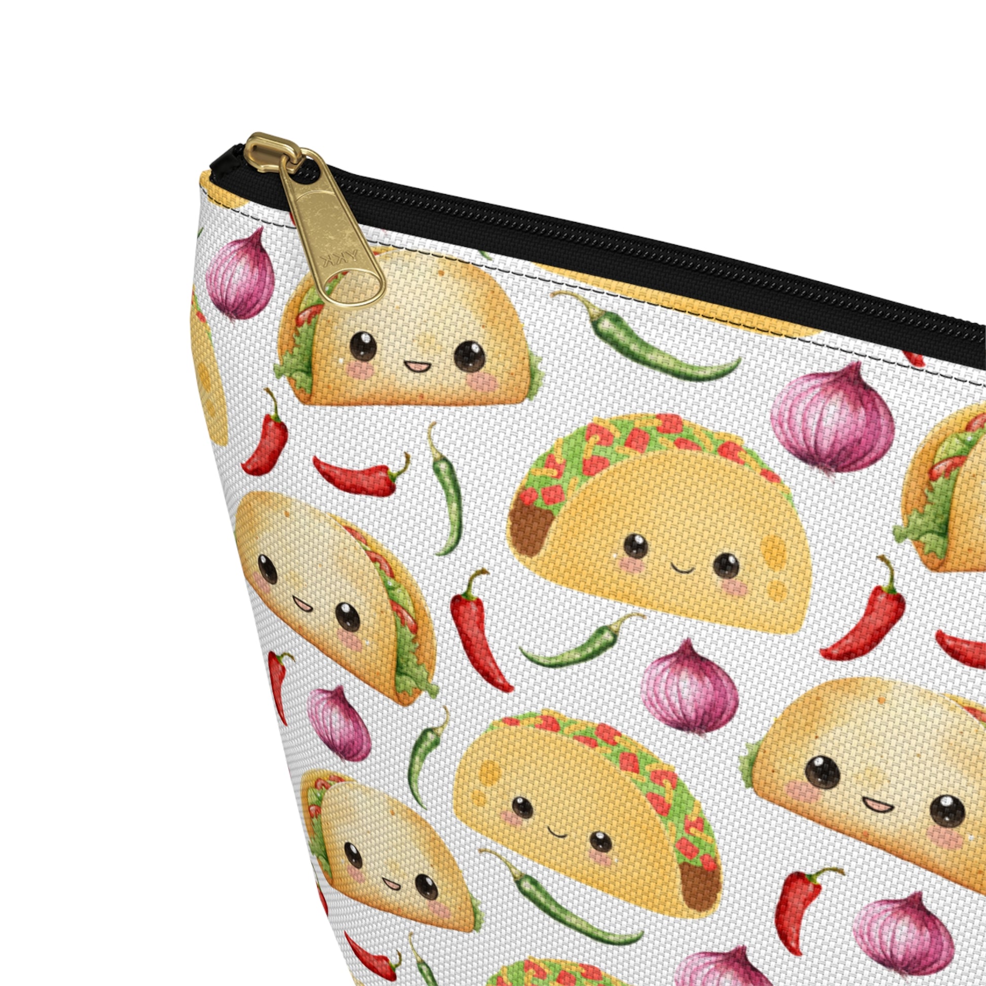 Cute Taco Pattern Zipper white travel zip bag gift for tacos lover favorite Mexican food foodie enthusiast tortilla topped with a filling aesthetic birthday secret santa Christmas makeup cosmetic drugs storage case accessory pouch toiletry pencil waveywares wavey wares wavywares wavy wares