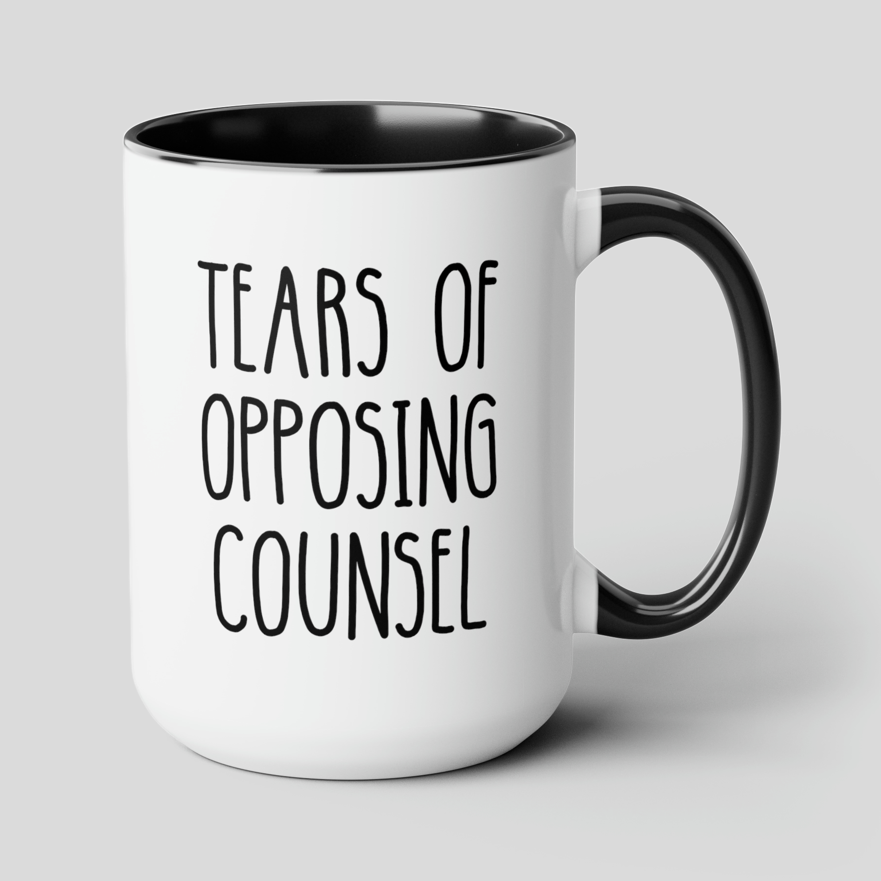 Tears Of Opposing Counsel 15oz white with black accent funny large coffee mug gift for lawyer law student graduation solicitor attorney prosecutor waveywares wavey wares wavywares wavy wares cover