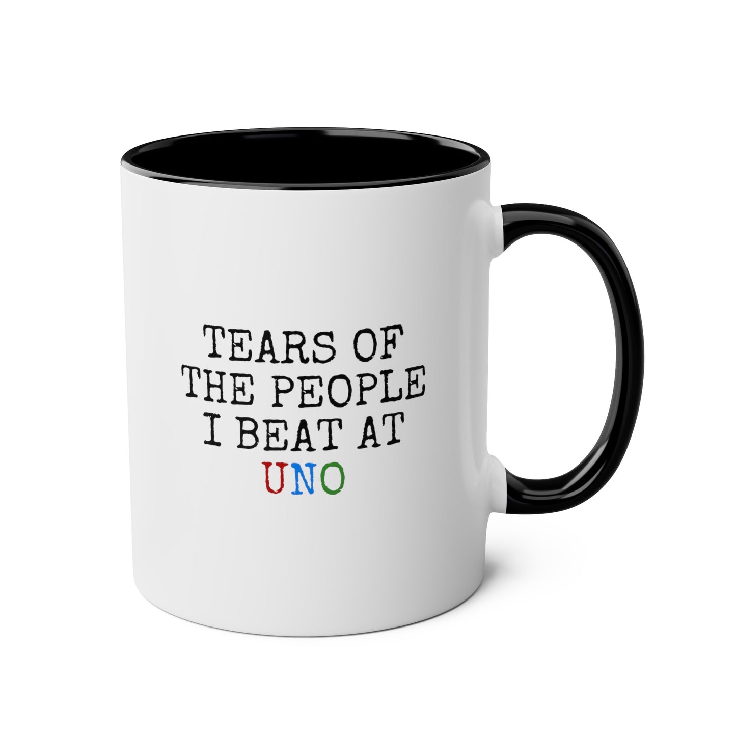 Tears Of The People I Beat At Uno 11oz white with black accent funny large coffee mug gift for friends family game night card player waveywares wavey wares wavywares wavy wares