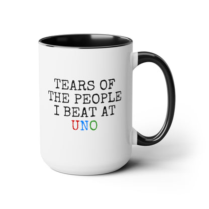 Tears Of The People I Beat At Uno 15oz white with black accent funny large coffee mug gift for friends family game night card player waveywares wavey wares wavywares wavy wares