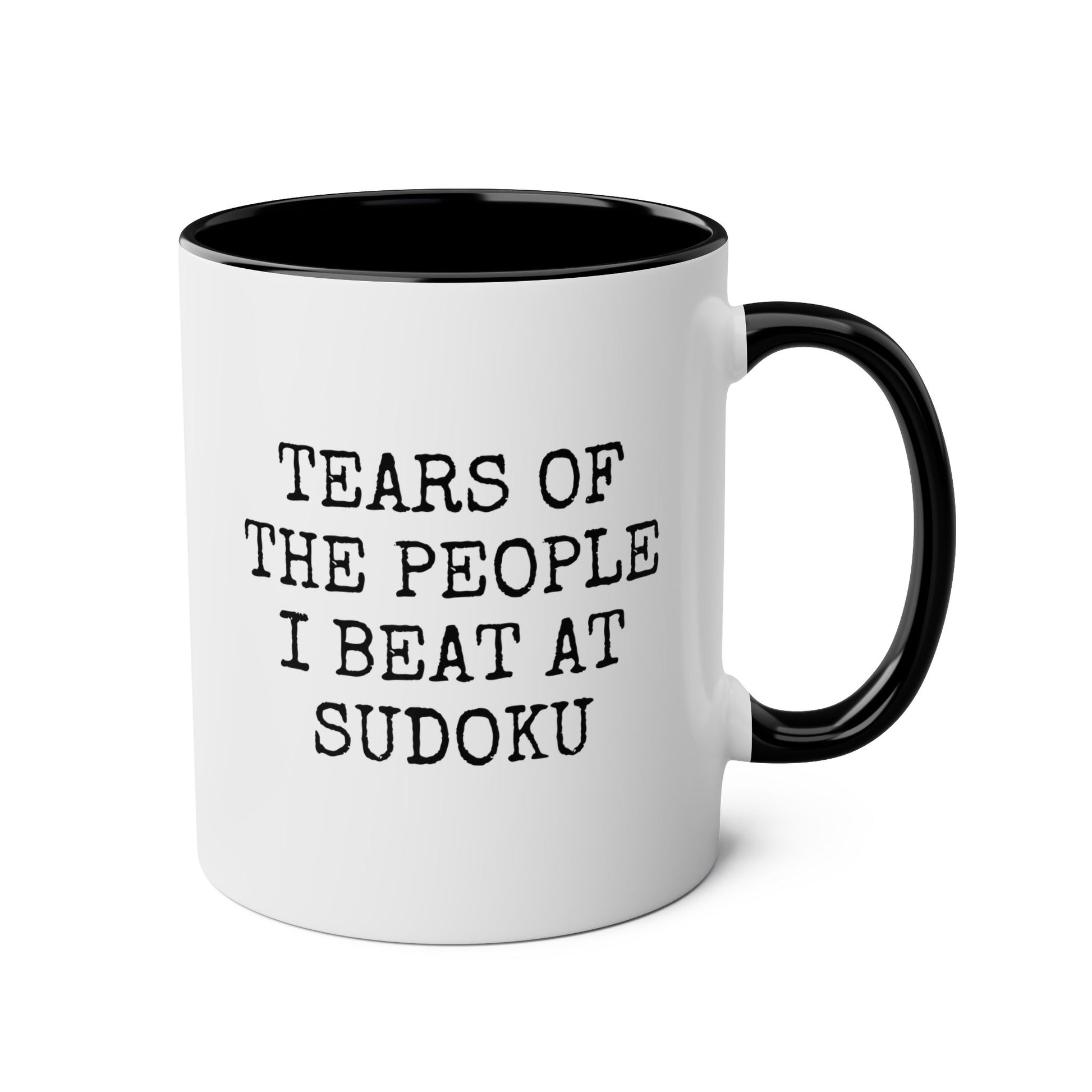Tears of the People I Beat at Sudoku 11oz white with black accent funny large coffee mug gift for puzzle game enthusiast lover gamers unique birthday Christmas occasion waveywares wavey wares wavywares wavy wares