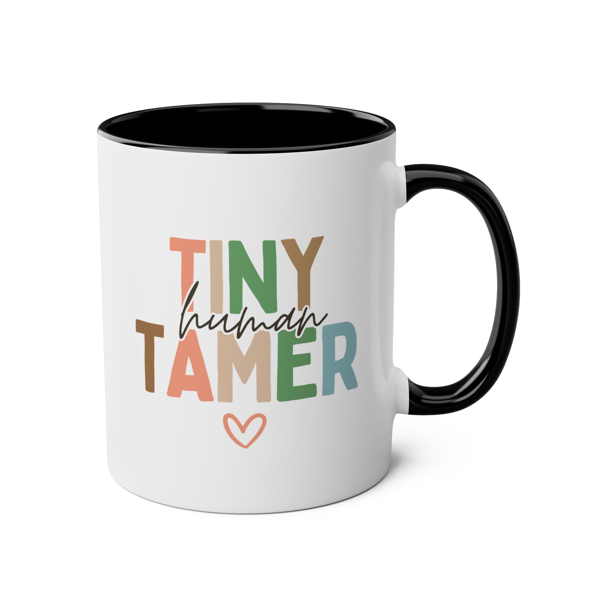 Tiny Human Tamer 11oz white with black accent funny large coffee mug gift for preschool teacher daycare worker nanny appreciation kindergarten birthday Christmas occasion waveywares wavey wares wavywares wavy wares