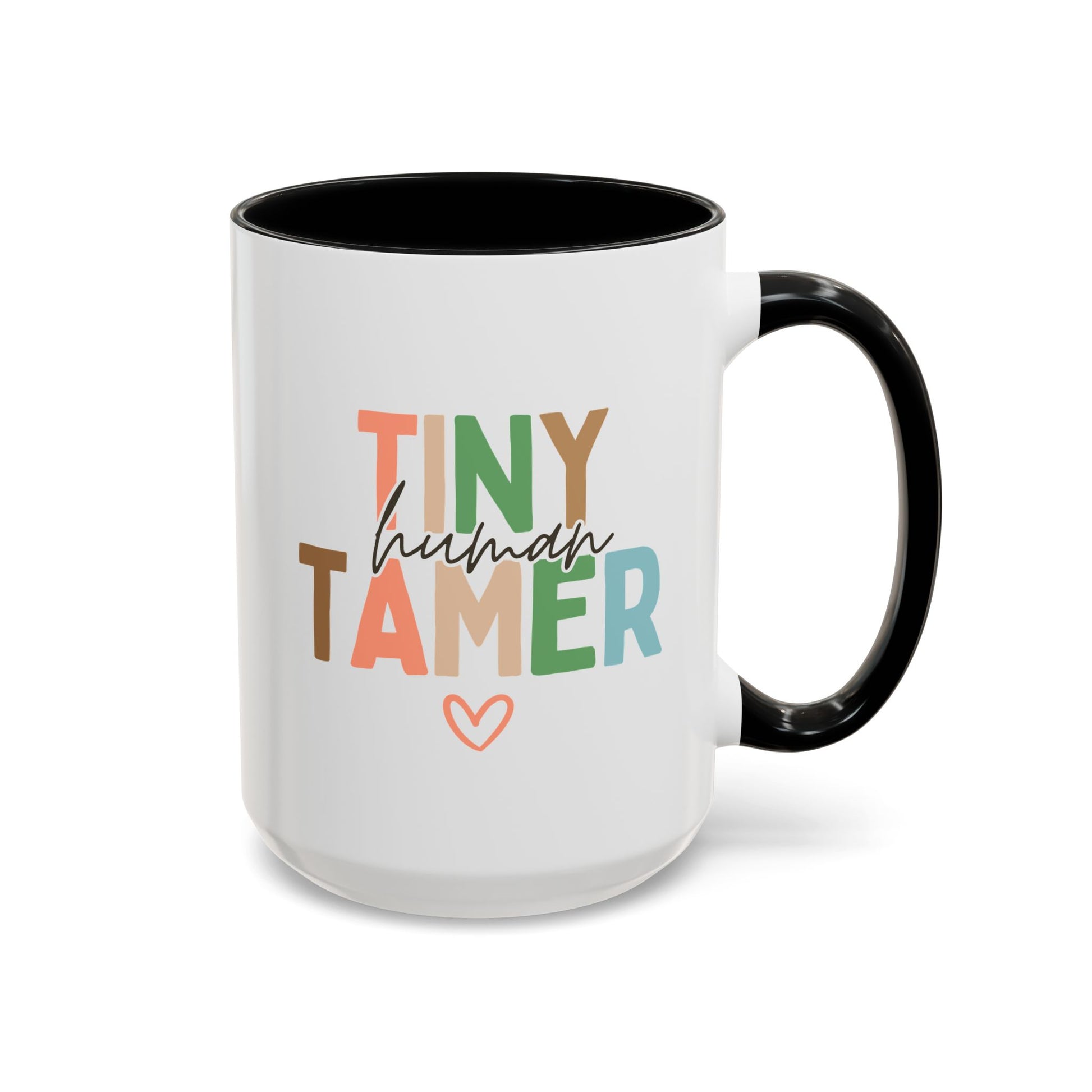 Tiny Human Tamer 15oz white with black accent funny large coffee mug gift for preschool teacher daycare worker nanny appreciation kindergarten birthday Christmas occasion waveywares wavey wares wavywares wavy wares