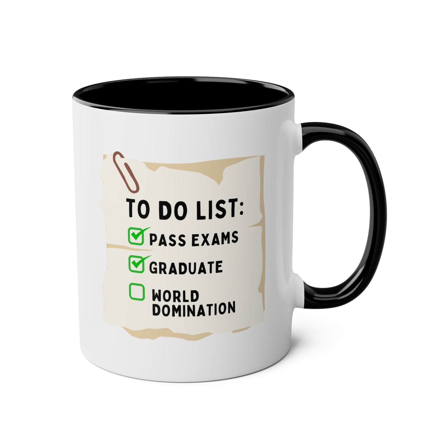 To Do List Pass Exams Graduate World Domination 11oz white with black accent funny large coffee mug gift for graduation training checklist saying vocational trainee waveywares wavey wares wavywares wavy wares