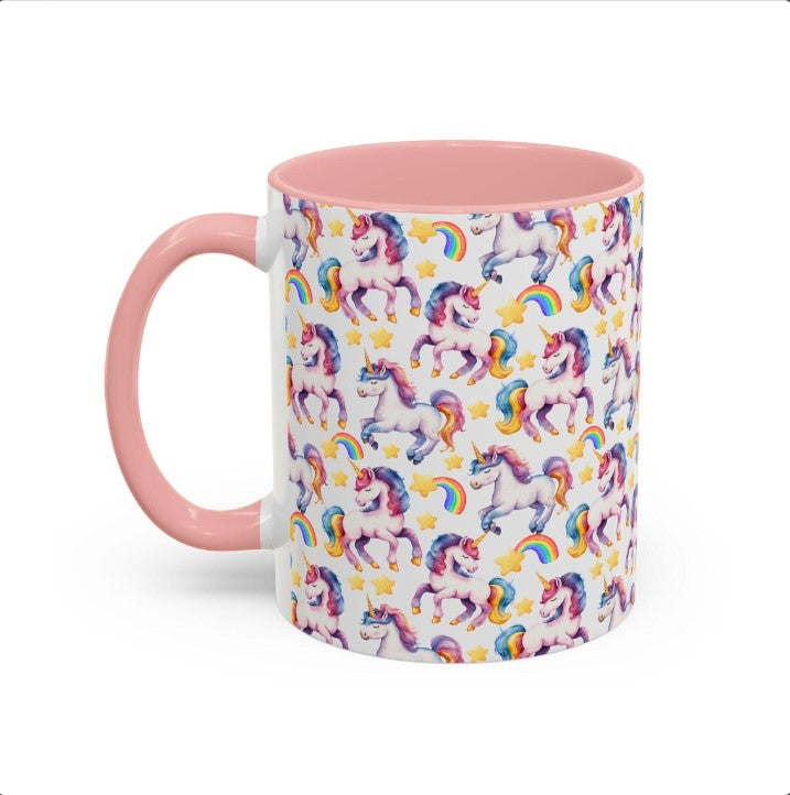 Cute Unicorns Watercolor Pattern 11oz white with pink accent funny large coffee mug gift for kids girls horse animal lover her best friend aesthetic birthday secret santa Christmas waveywares wavey wares wavywares wavy wares