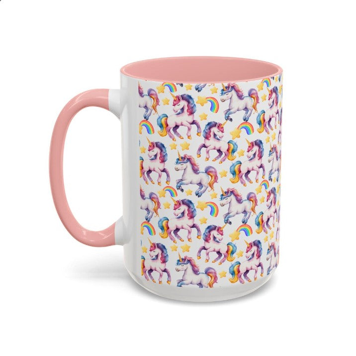 Cute Unicorns Watercolor Pattern 15oz white with pink accent funny large coffee mug gift for kids girls horse animal lover her best friend aesthetic birthday secret santa Christmas waveywares wavey wares wavywares wavy wares