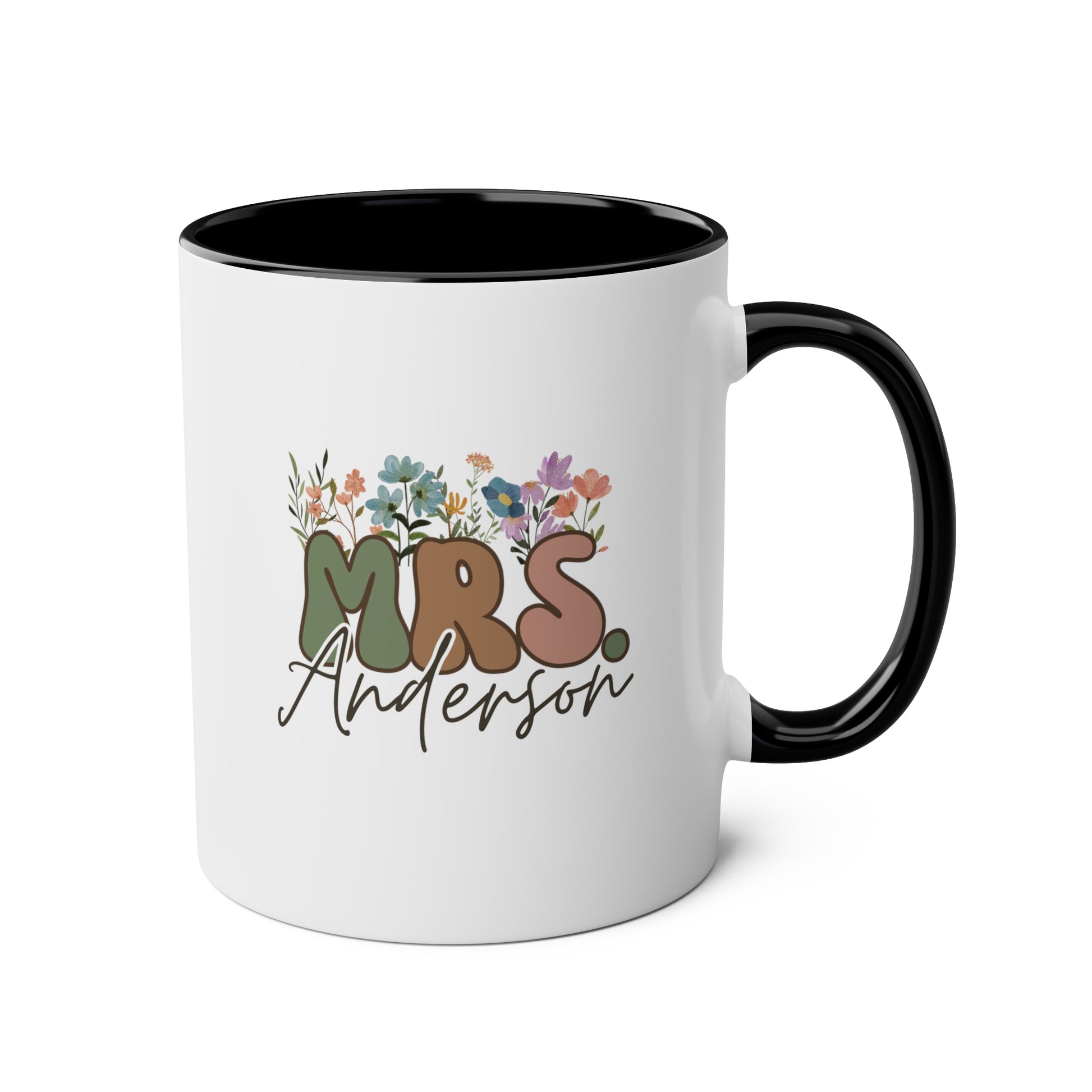Wildflowers Mrs 11oz white with black accent funny large coffee mug gift for bride to be wedding bridal shower present custom name personalize customize waveywares wavey wares wavywares wavy wares