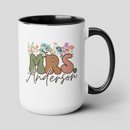 Wildflowers Mrs 15oz white with black accent funny large coffee mug gift for bride to be wedding bridal shower present custom name personalize customize waveywares wavey wares wavywares wavy wares cover
