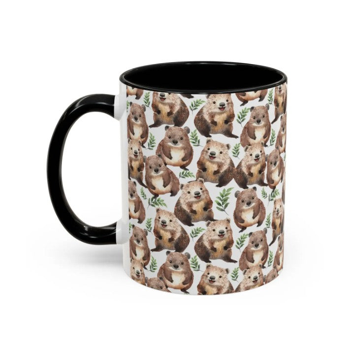 Cute Wombats Watercolor Pattern 11oz white with black accent funny large coffee mug gift for Wombats Lover fan small furry animal enthusiast adorable birthday secret santa Christmas waveywares wavey wares wavywares wavy wares