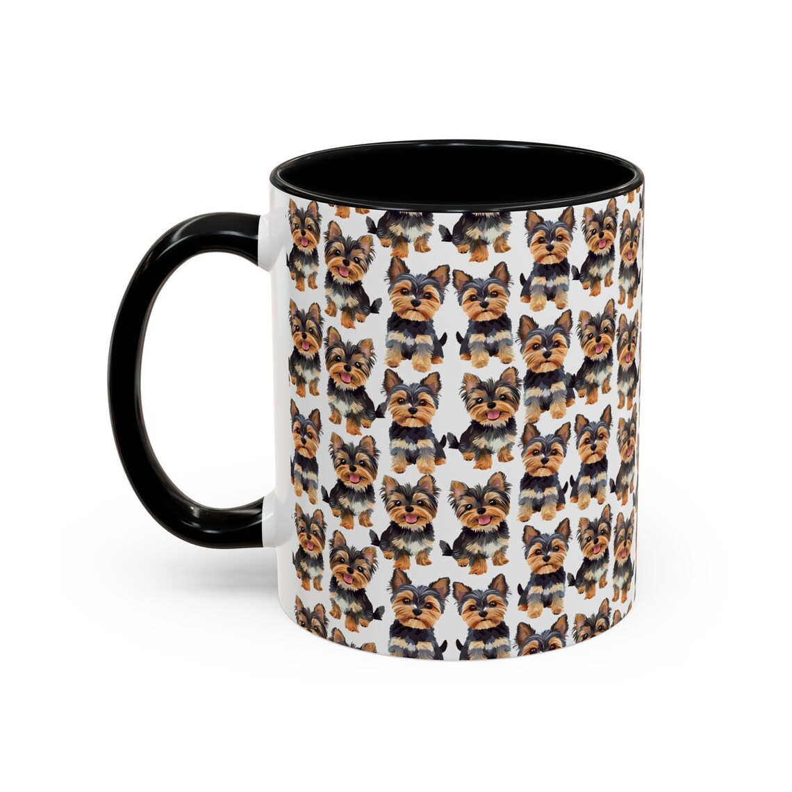 Cute Yorkshire Terriers Watercolor Pattern 11oz white with black accent funny large coffee mug gift for dog lover dad mom owner furparent pet animal aesthetic birthday secret santa Christmas waveywares wavey wares wavywares wavy wares