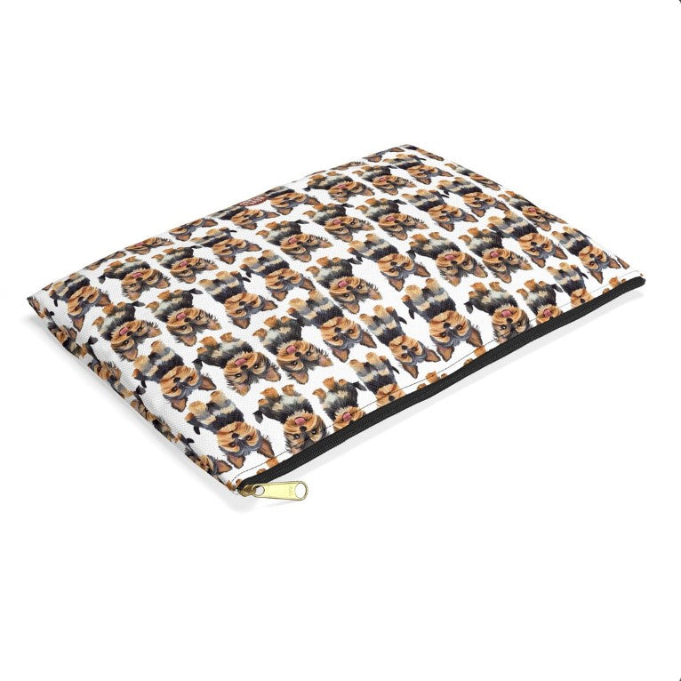 Cute Yorkshire Terriers Pattern flat lay white Makeup zip bag gift for dog lover dad mom owner furparent pet animal aesthetic toiletry travel drugs storage case accessory pouch cosmetic pencil waveywares wavey wares wavywares wavy wares