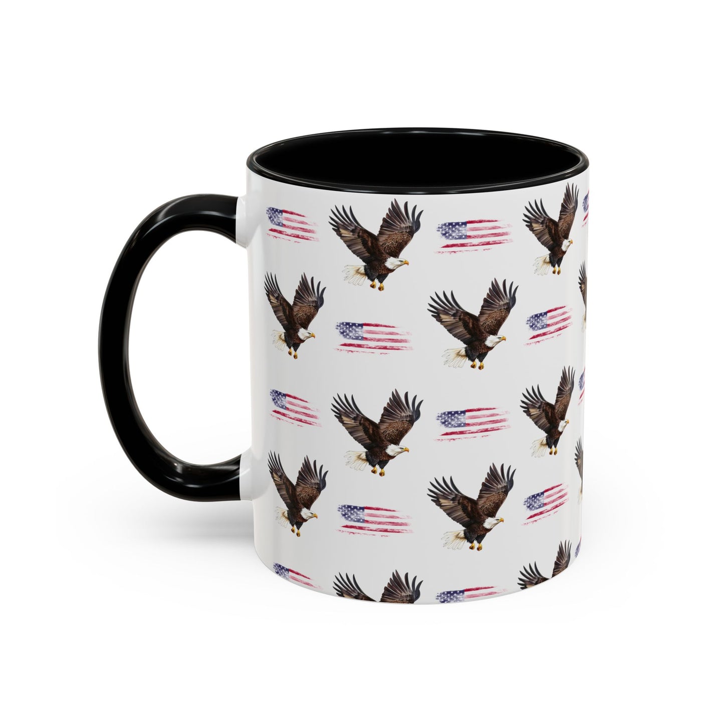 Cute American Eagle Watercolor Pattern 11oz white with black accent funny large coffee mug gift for United States of America national bird animal lover bald flag aesthetic birthday secret santa Christmas waveywares wavey wares wavywares wavy wares