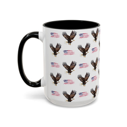 Cute American Eagle Watercolor Pattern 15oz white with black accent funny large coffee mug gift for United States of America national bird animal lover bald flag aesthetic birthday secret santa Christmas waveywares wavey wares wavywares wavy wares