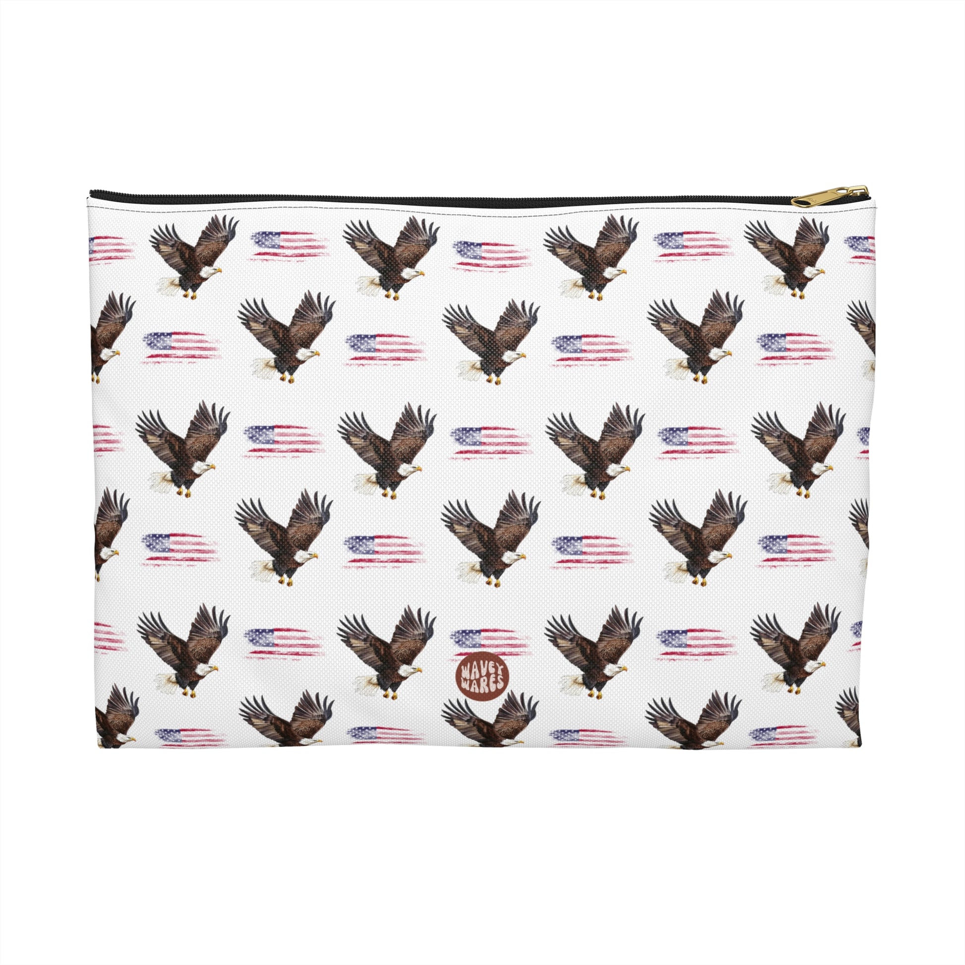 Cute American Eagle Pattern Flat white travel zip bag gift for United States of America national bird animal lover bald flag aesthetic birthday secret santa Christmas cosmetic toiletry drugs storage case accessory pouch makeup pencil waveywares wavey wares wavywares wavy wares